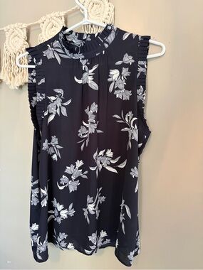 Ann Taylor Navy Blue and White Sleeveless Floral Mock Neck Blouse